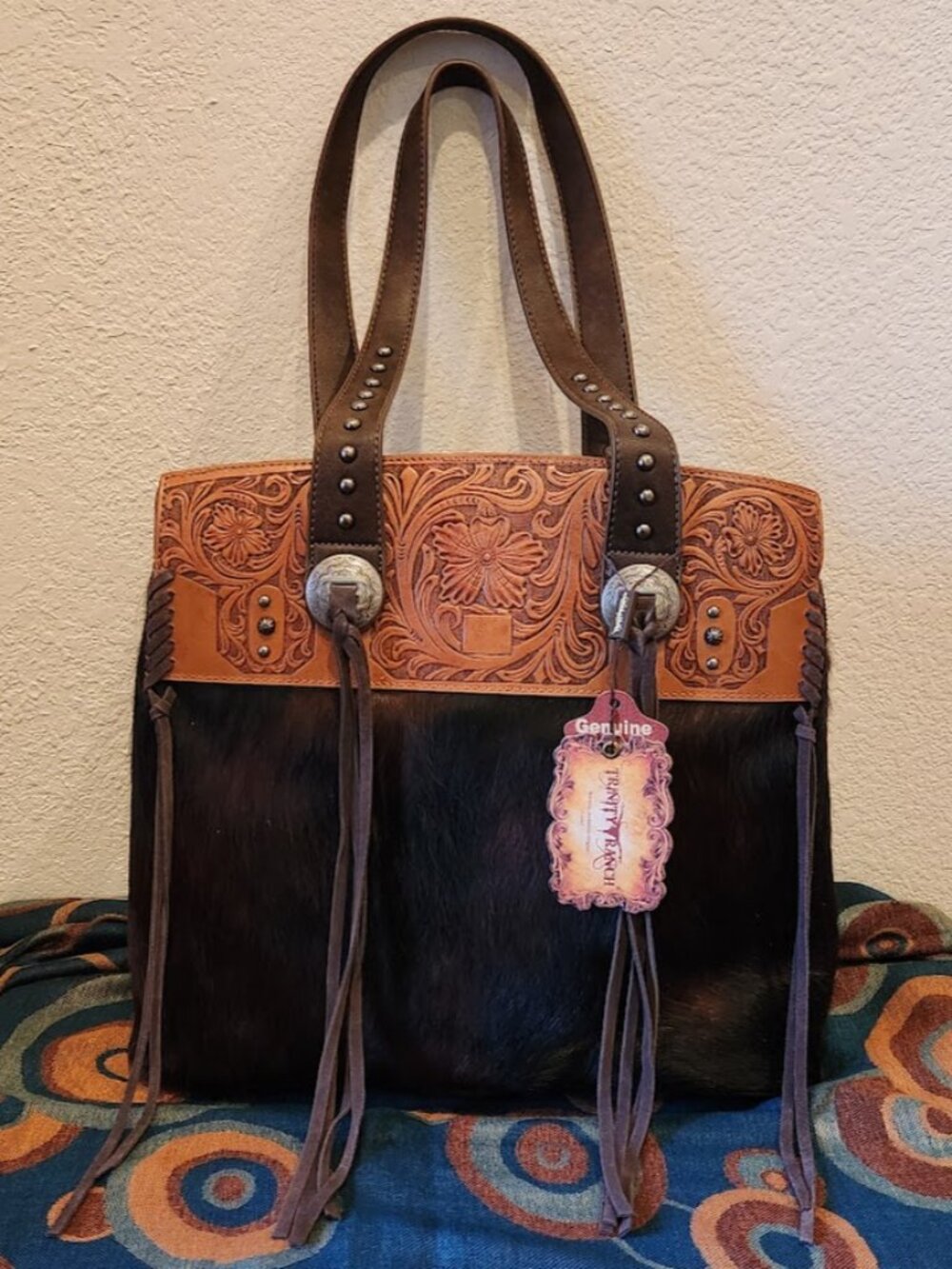NWT Trinity Ranch Western Cowhide Tooled Leather Tote, Coffee, 14”x5”x12”